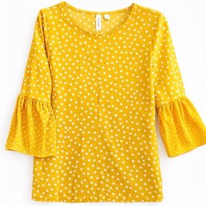 Tacera Tunic Top yellow polka dot bell sleeves size S